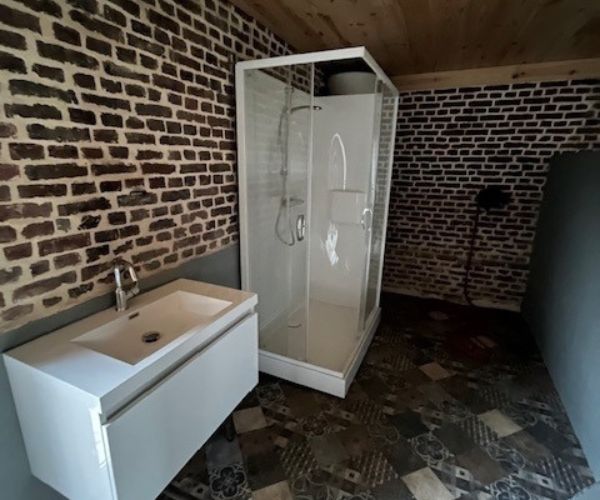 Espace spa avec douche moderne et murs en briques rénovés